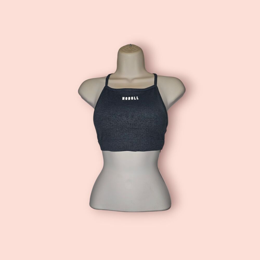NOBULL Women's High Neck Sports Bra Dark Heather Gray Logo Gym Workout S